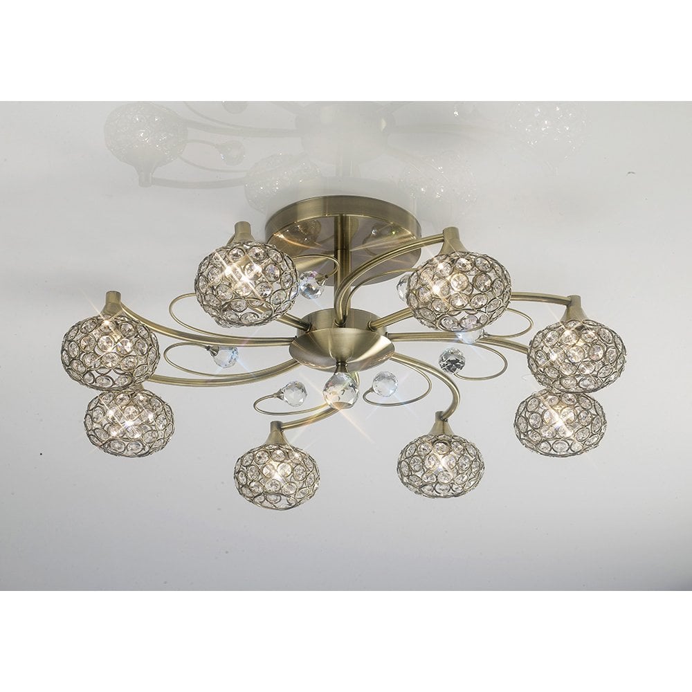 Cara Semi Ceiling 8 Light Antique Brass/Crystal