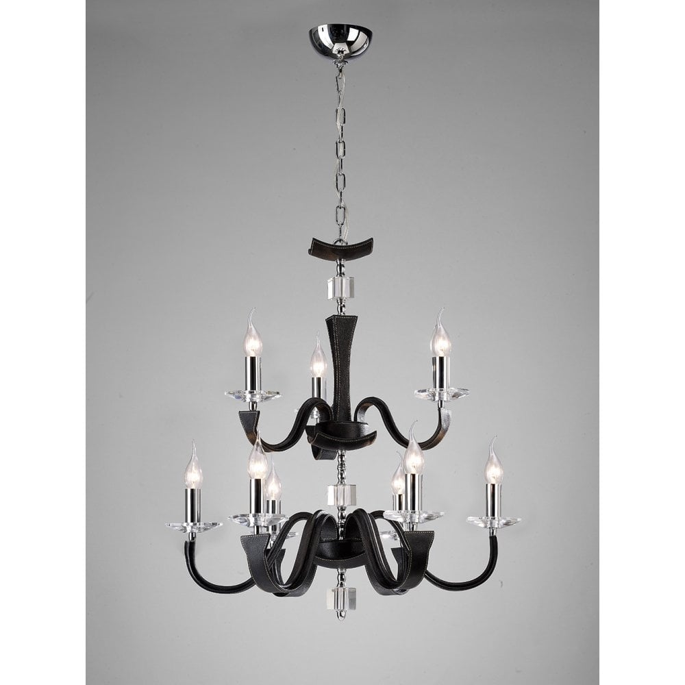 Nardini Pendant 2 Tier 9 Light Polished Chrome/Black Faux Leather/Crystal