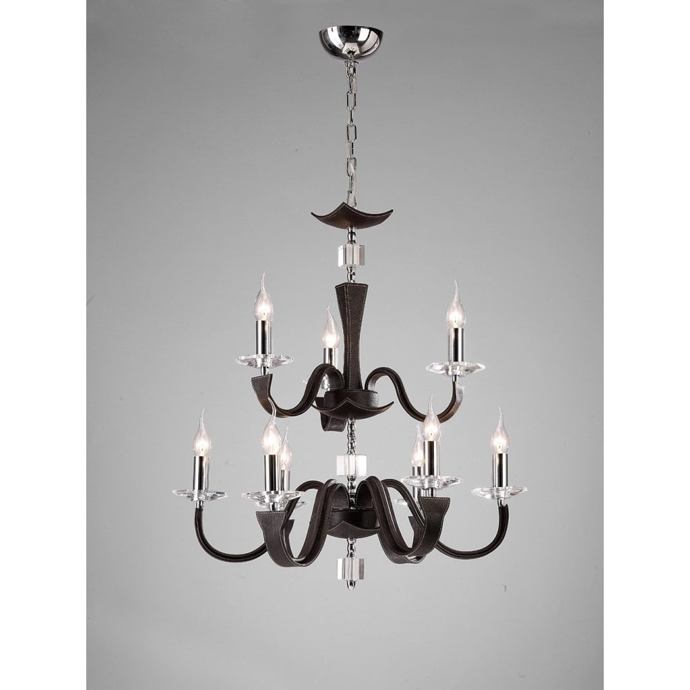 Nardini Pendant 2 Tier 9 Light Polished Chrome Dark Brown Faux Leather/Crystal