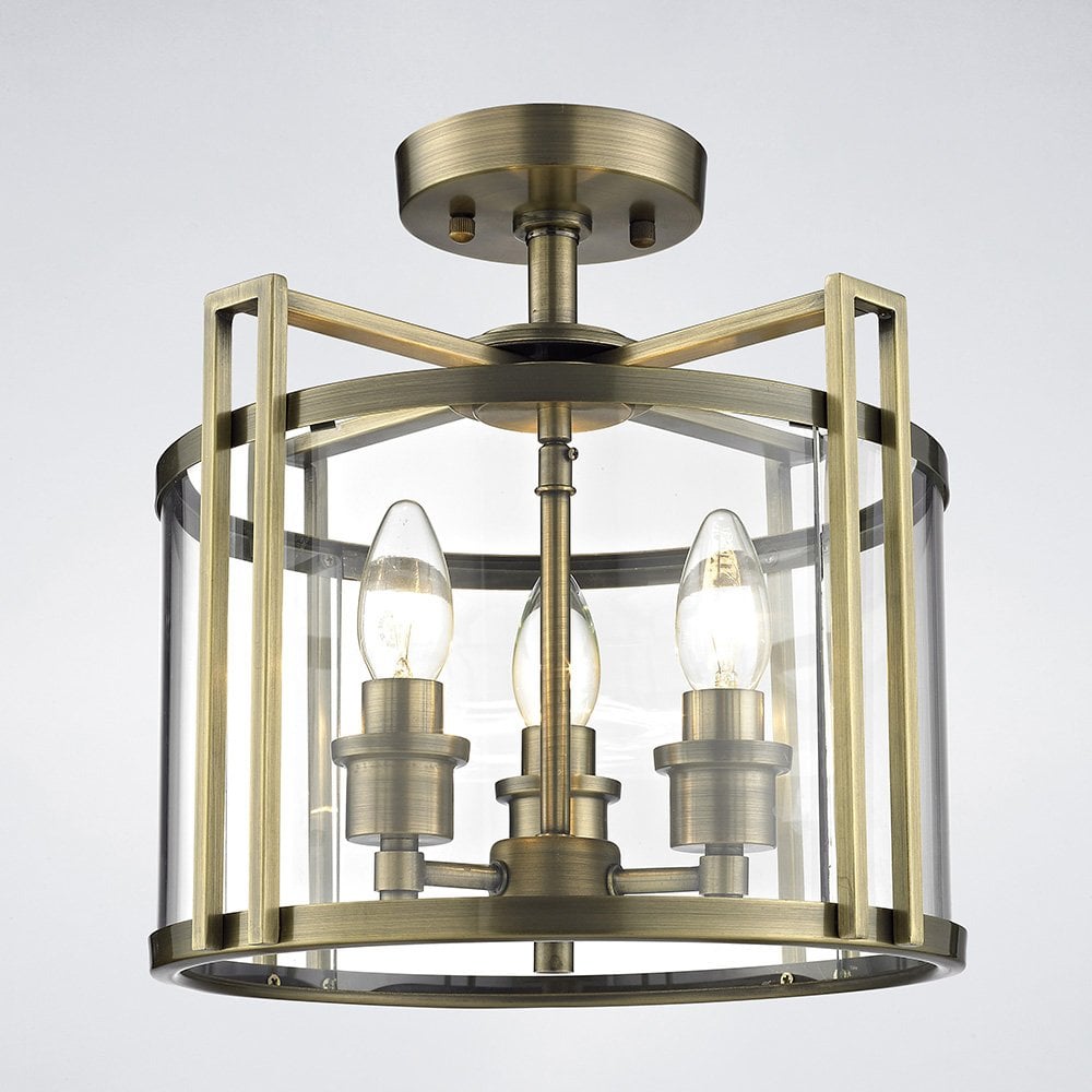 Eaton Semi Ceiling 3 Light Antique Brass/Glass