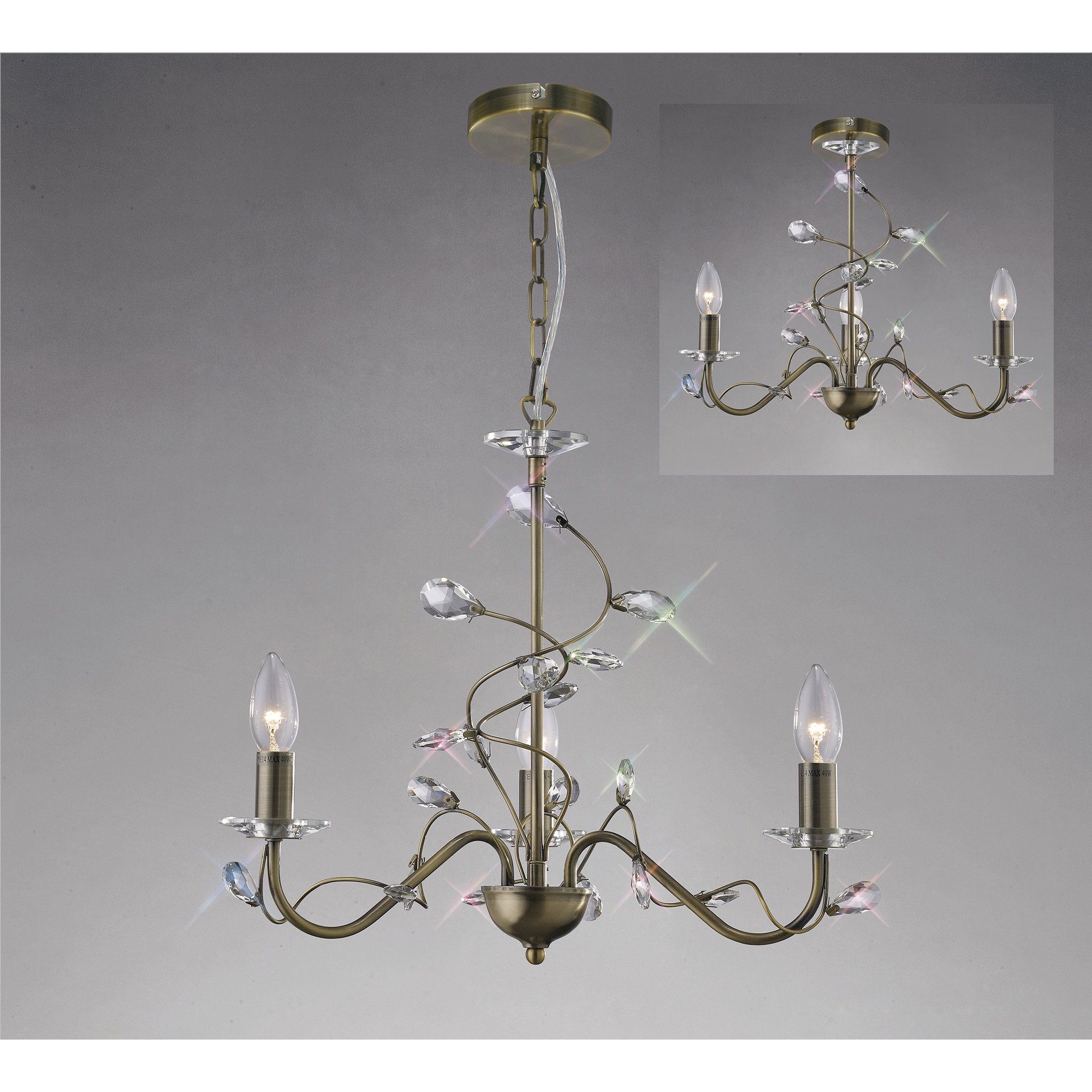 Willow Pendant 3 Without Shade Light Antique Brass/Crystal