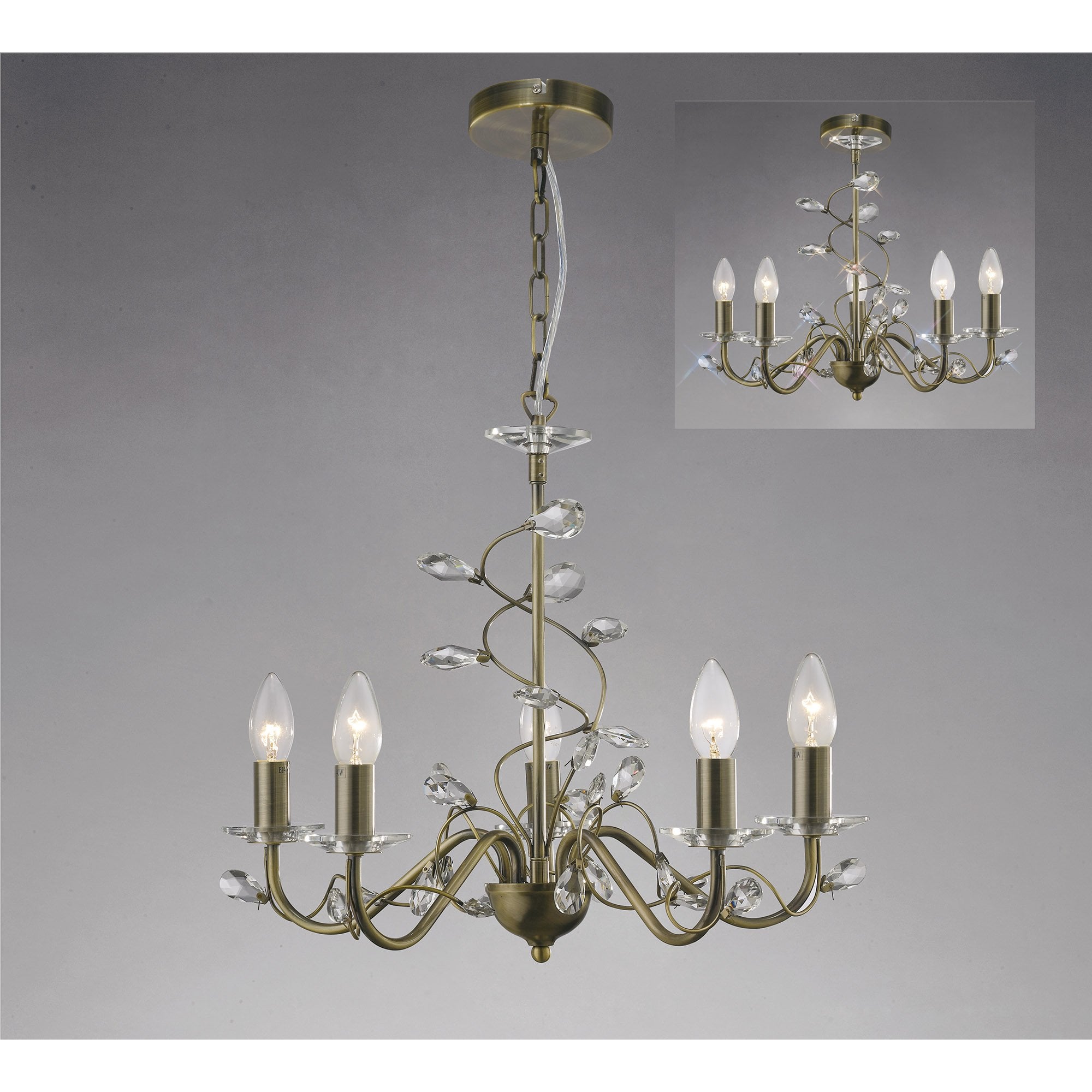 Willow Pendant Without Shade  5 Light Antique Brass/Crystal