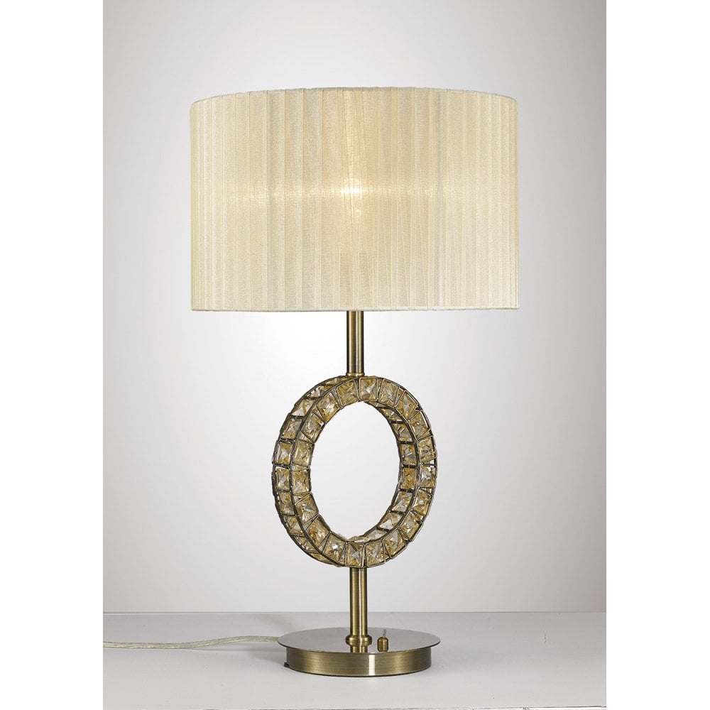 Florence Round Table Lamp With Cream Shade 1 Light Antique Brass/Crystal