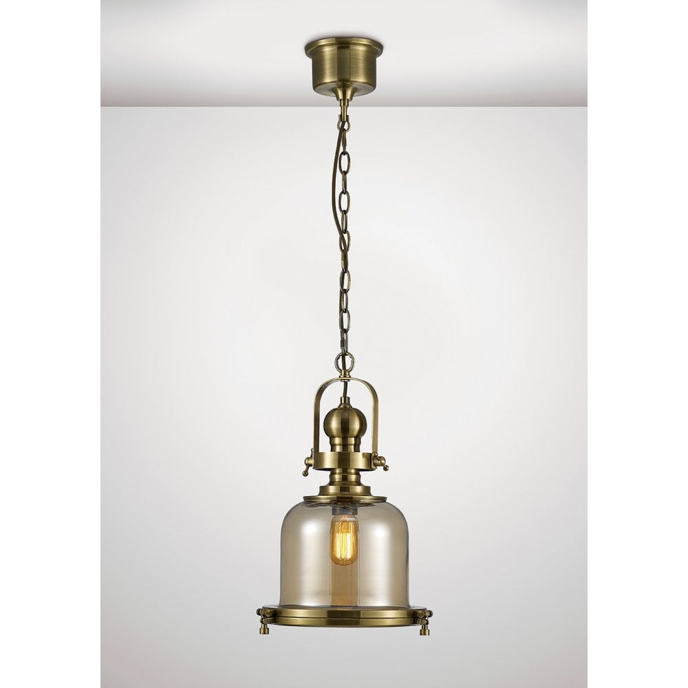 Riley Single Small Bell Pendant 1 Light E27 Antique Brass / Cognac Glass