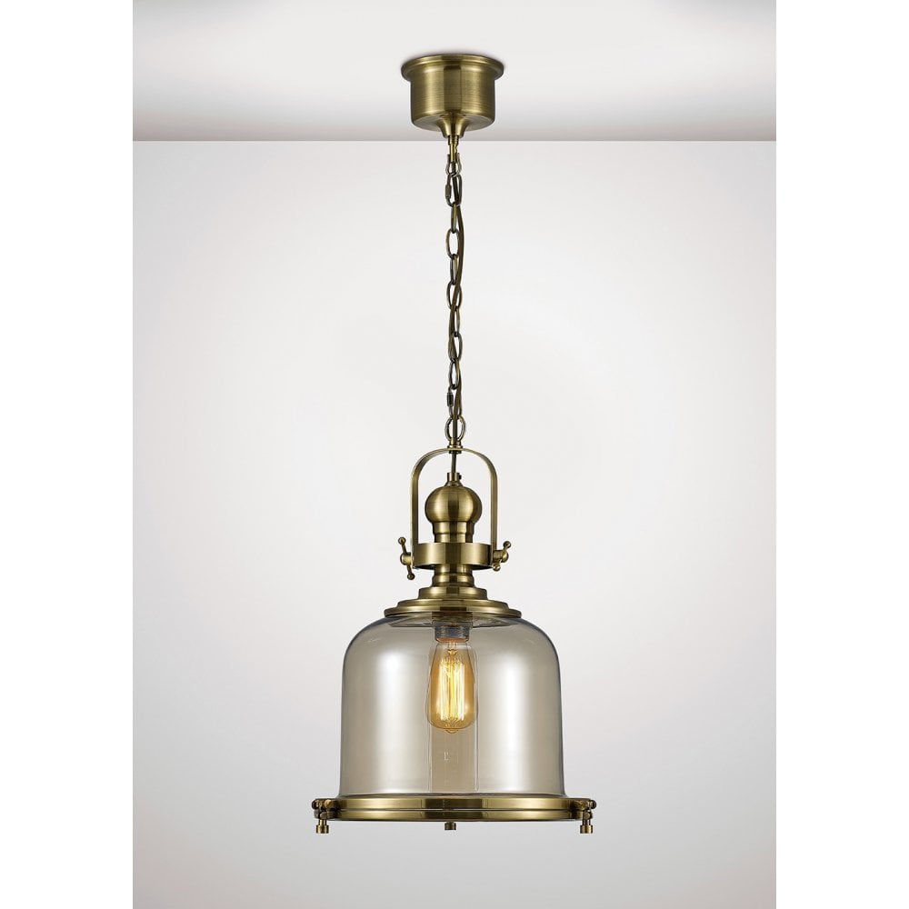 Riley Single Medium Bell Pendant 1 Light E27 Antique Brass / Cognac Glass