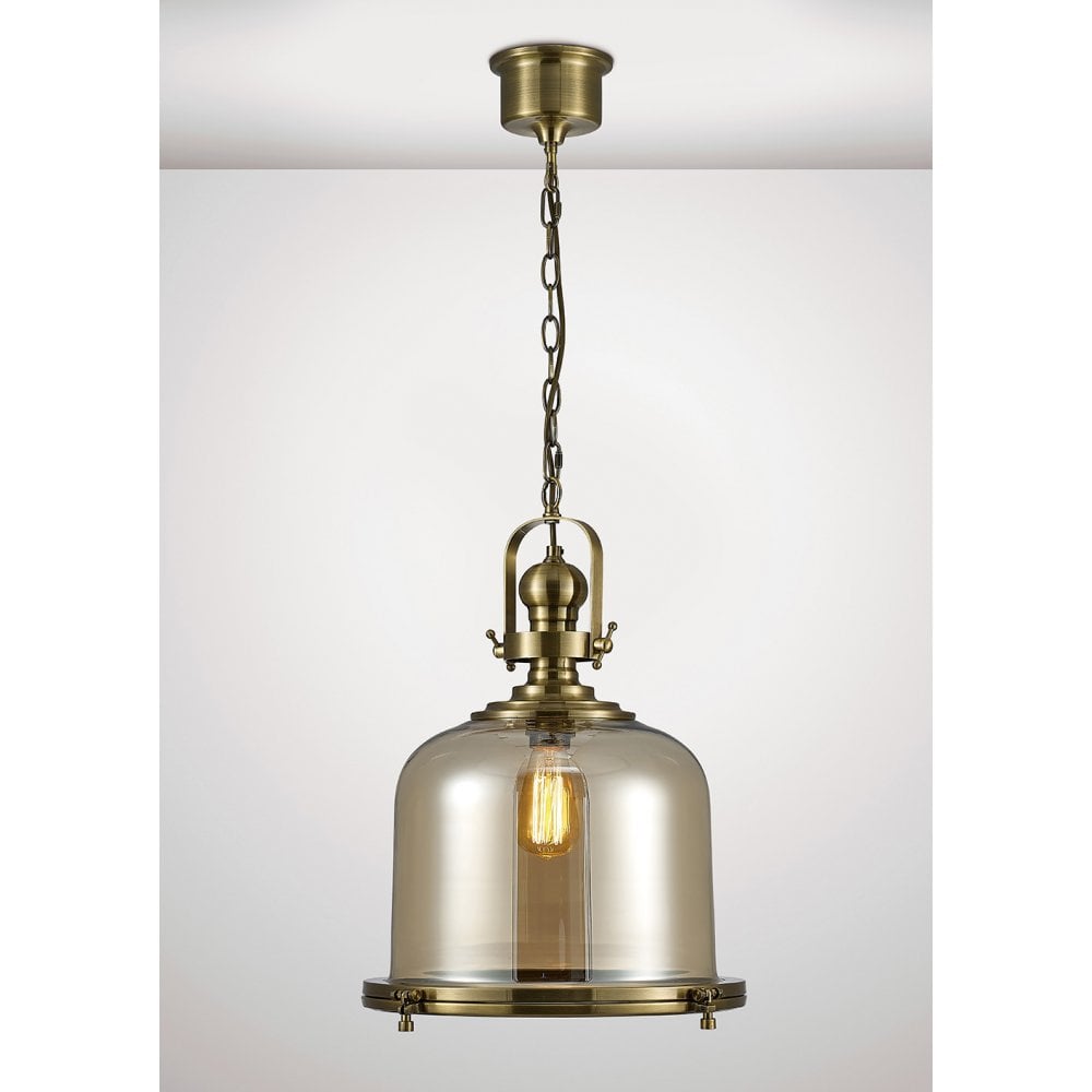 Riley Single Large Bell Pendant 1 Light E27 Antique Brass / Cognac Glass