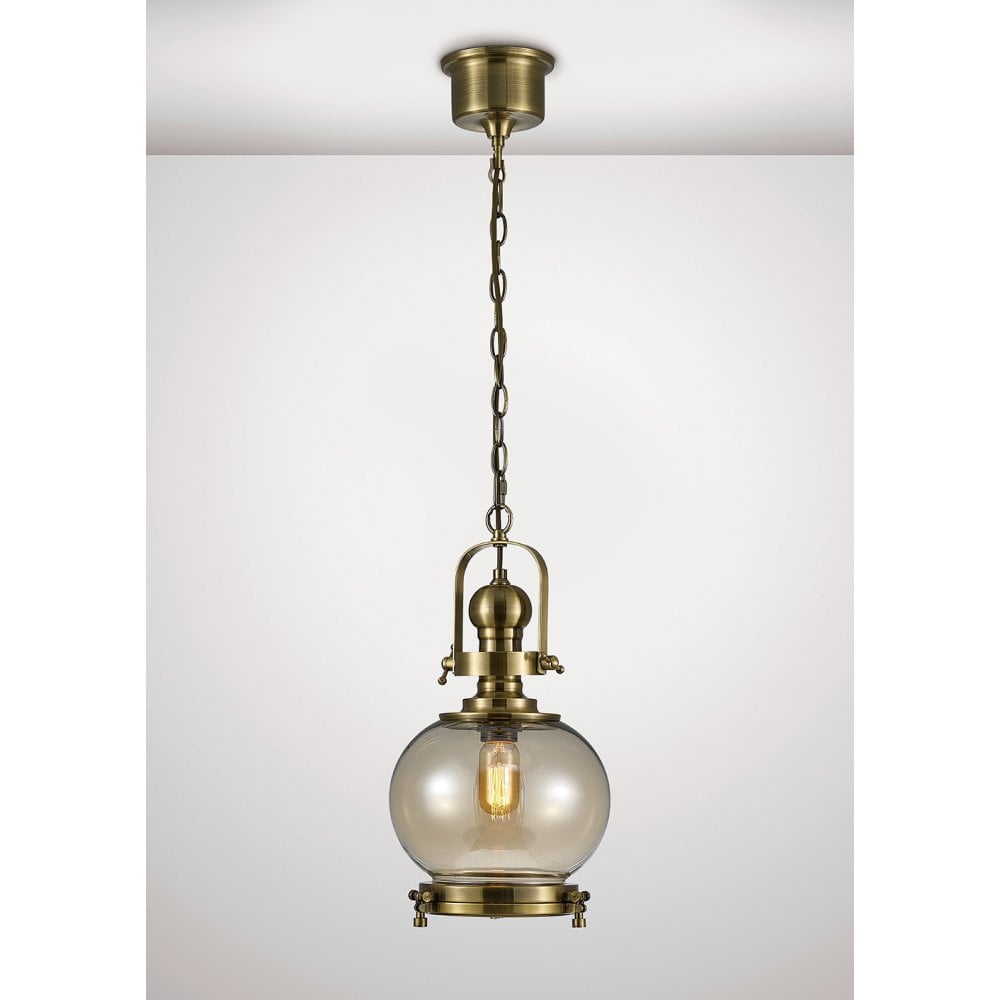 Riley Single Small Ball Pendant 1 Light E27 Antique Brass / Cognac Glass