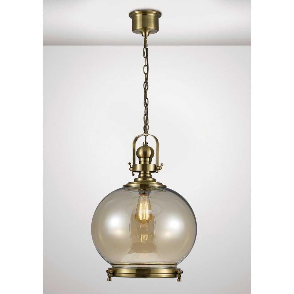 Riley Single Large Ball Pendant 1 Light E27 Antique Brass / Cognac Glass