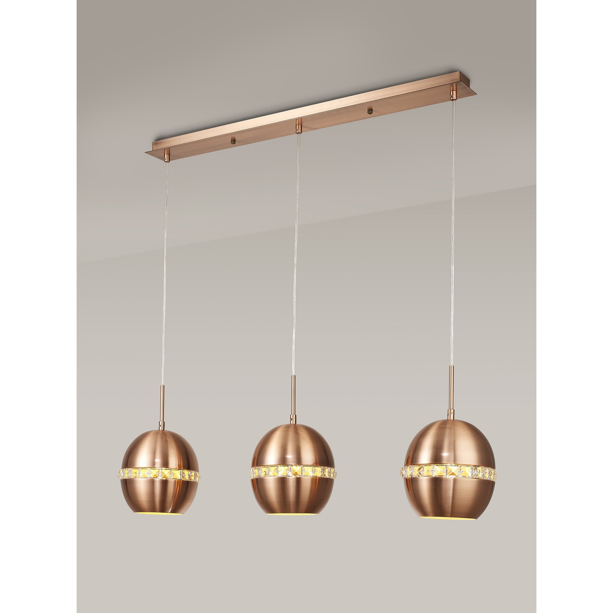 Andrea Pendant 3 Light E27 Linear Satin Copper/Crystal