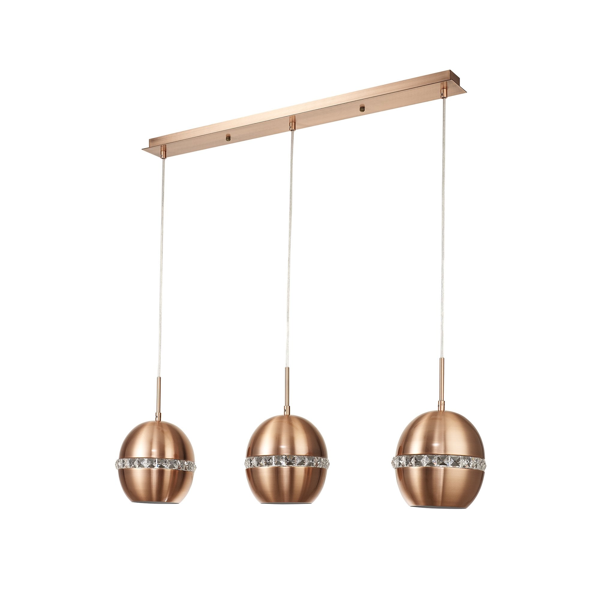 Andrea Pendant 3 Light E27 Linear Satin Copper/Crystal