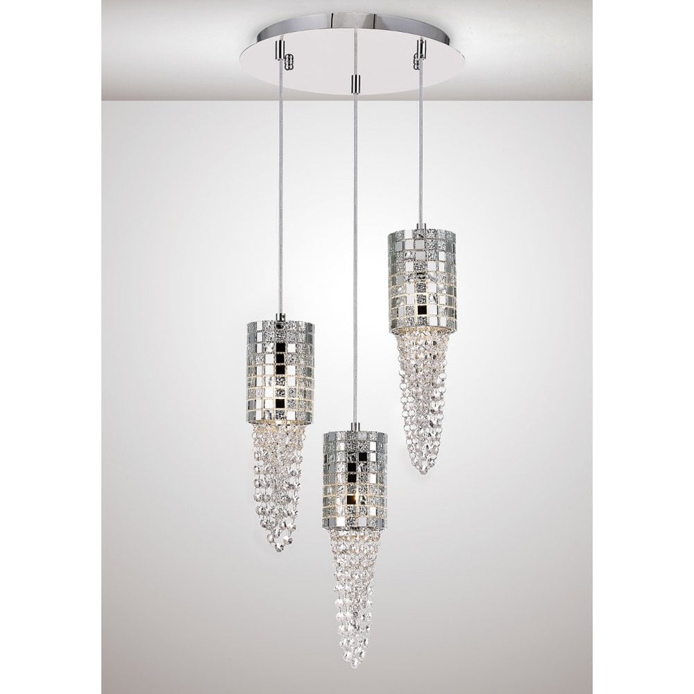 Camden Pendant 3 Light G9 Round Polished Chrome/Mosaic Glass/Crystal