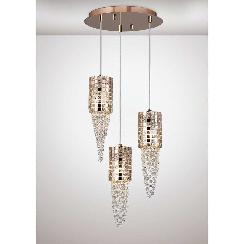 Camden Pendant 3 Light G9 Round Rose Gold/Mosaic Glass/Crystal