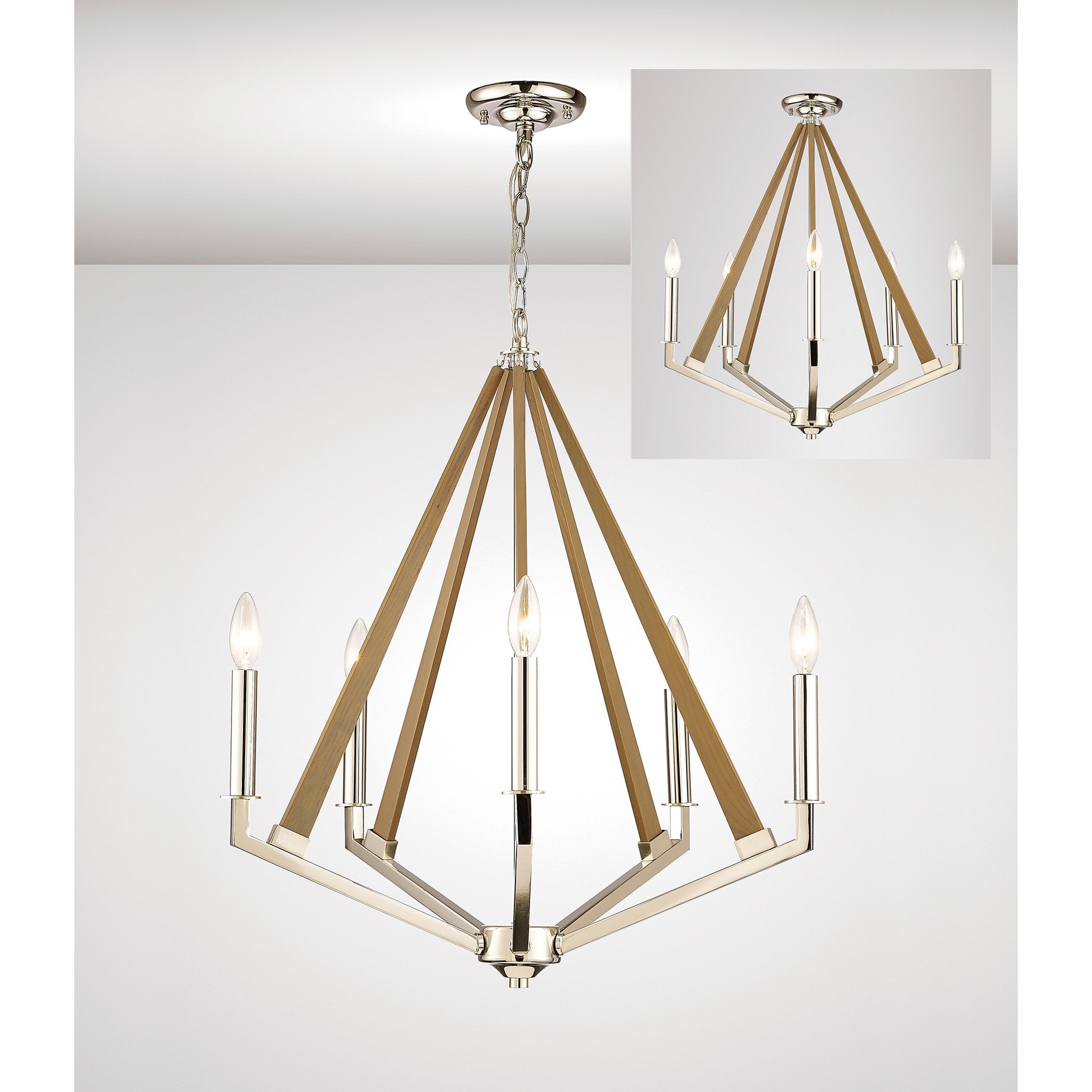 Hilton Pentagonal Pendant 5 Light E14 Polished Nickel/Taupe Wood