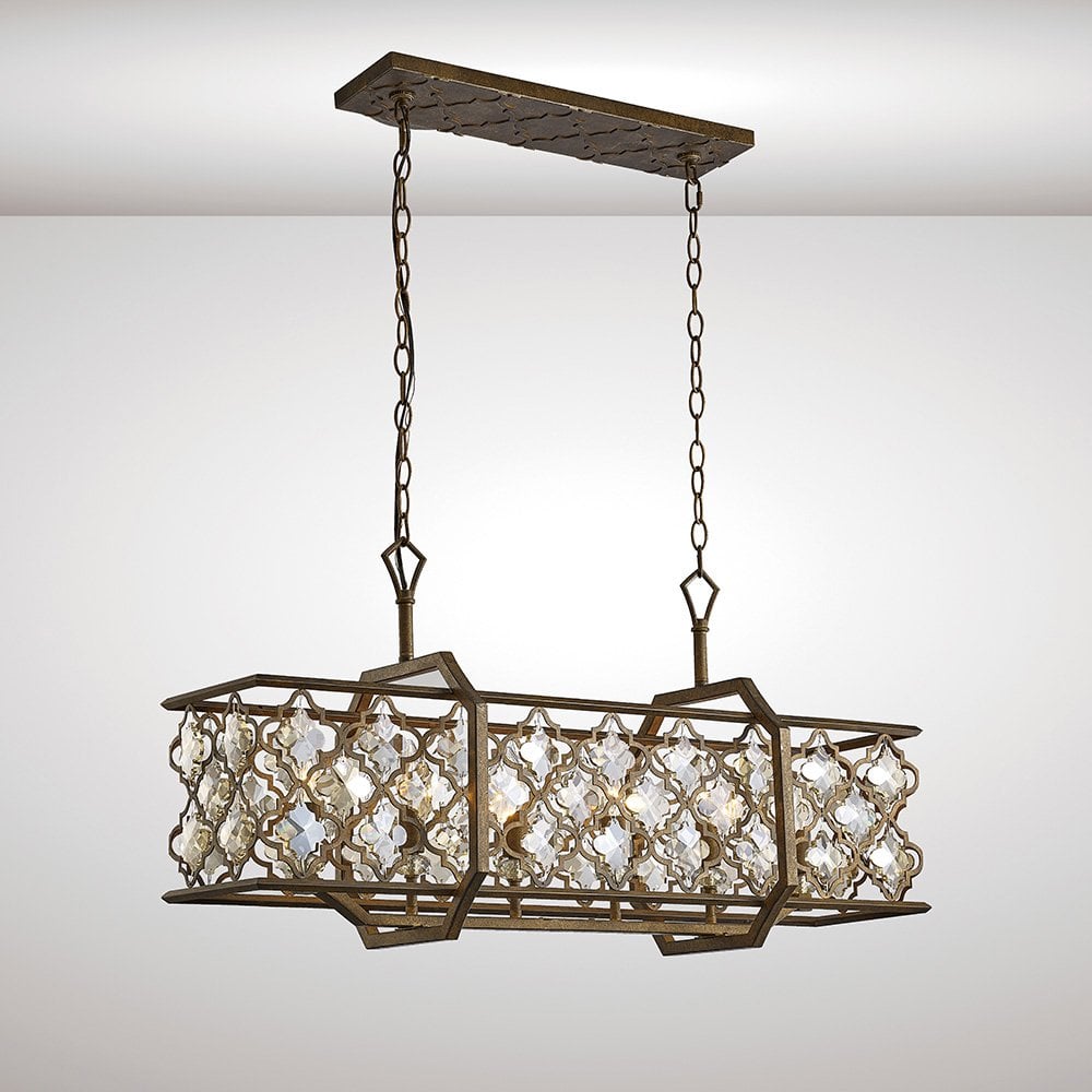 Indie Pendant 6 Light E14 Rectangle Mocha/Teak Plated Crystal