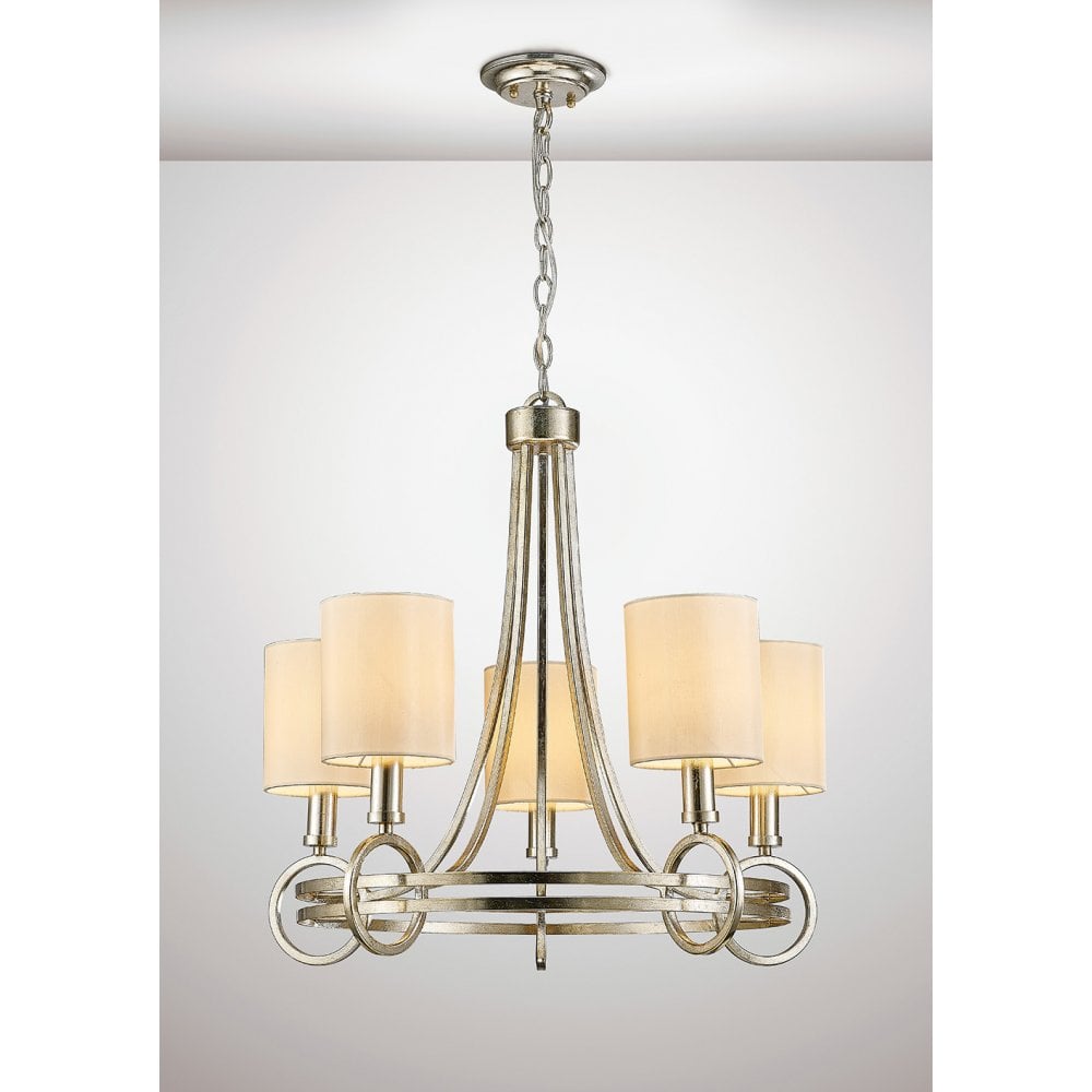 Isabella Pendant With Beige Shade 5 Light E14 Antique Silver/Teak Plated