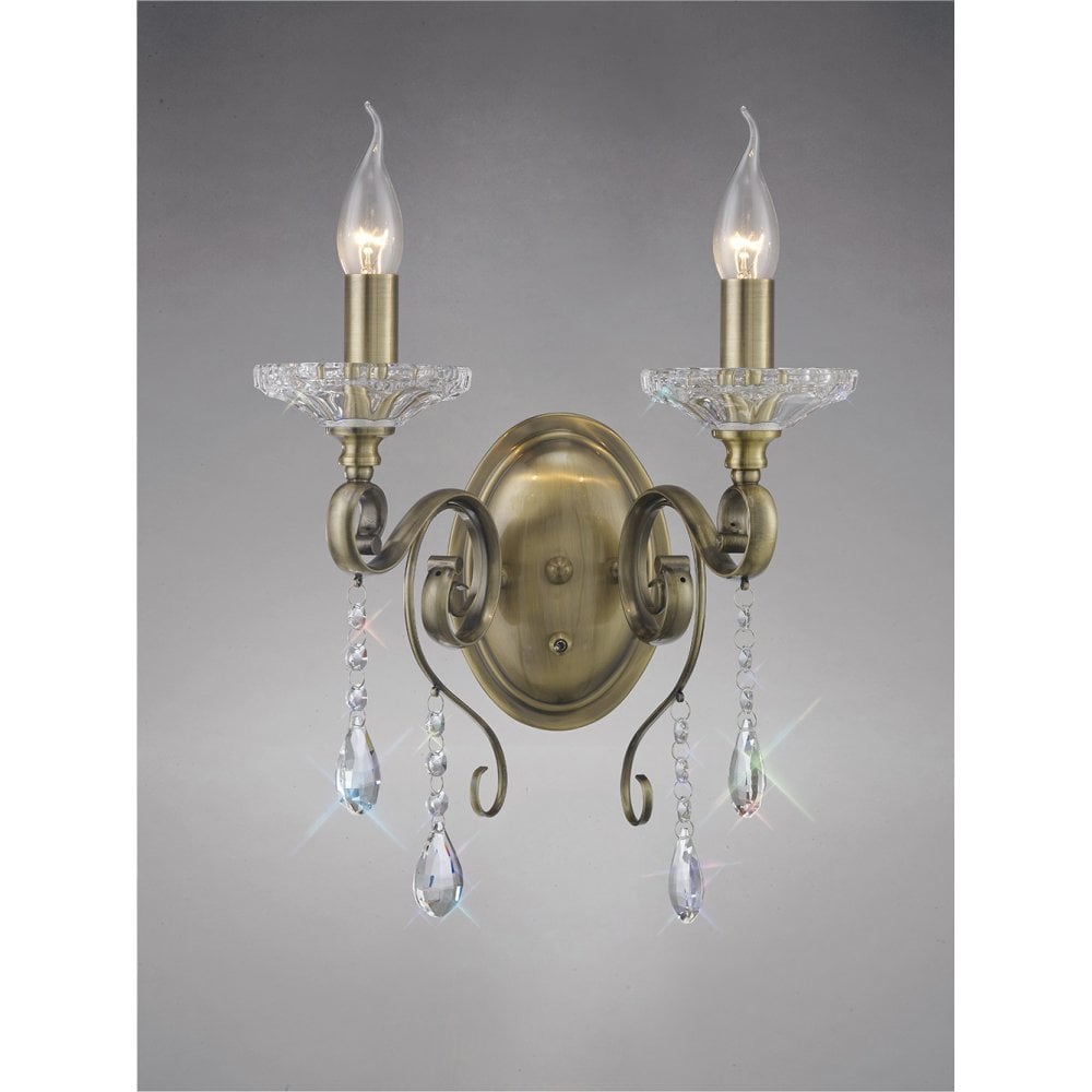 Libra  Wall Lamp Switched 2 Light Antique Brass/Crystal