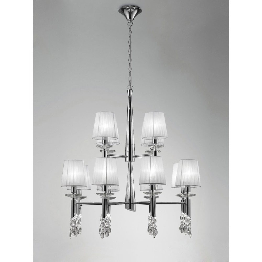 Tiffany Pendant 2 Tier 12+12 Light E14+G9, Polished Chrome With White Shades & Clear Crystal