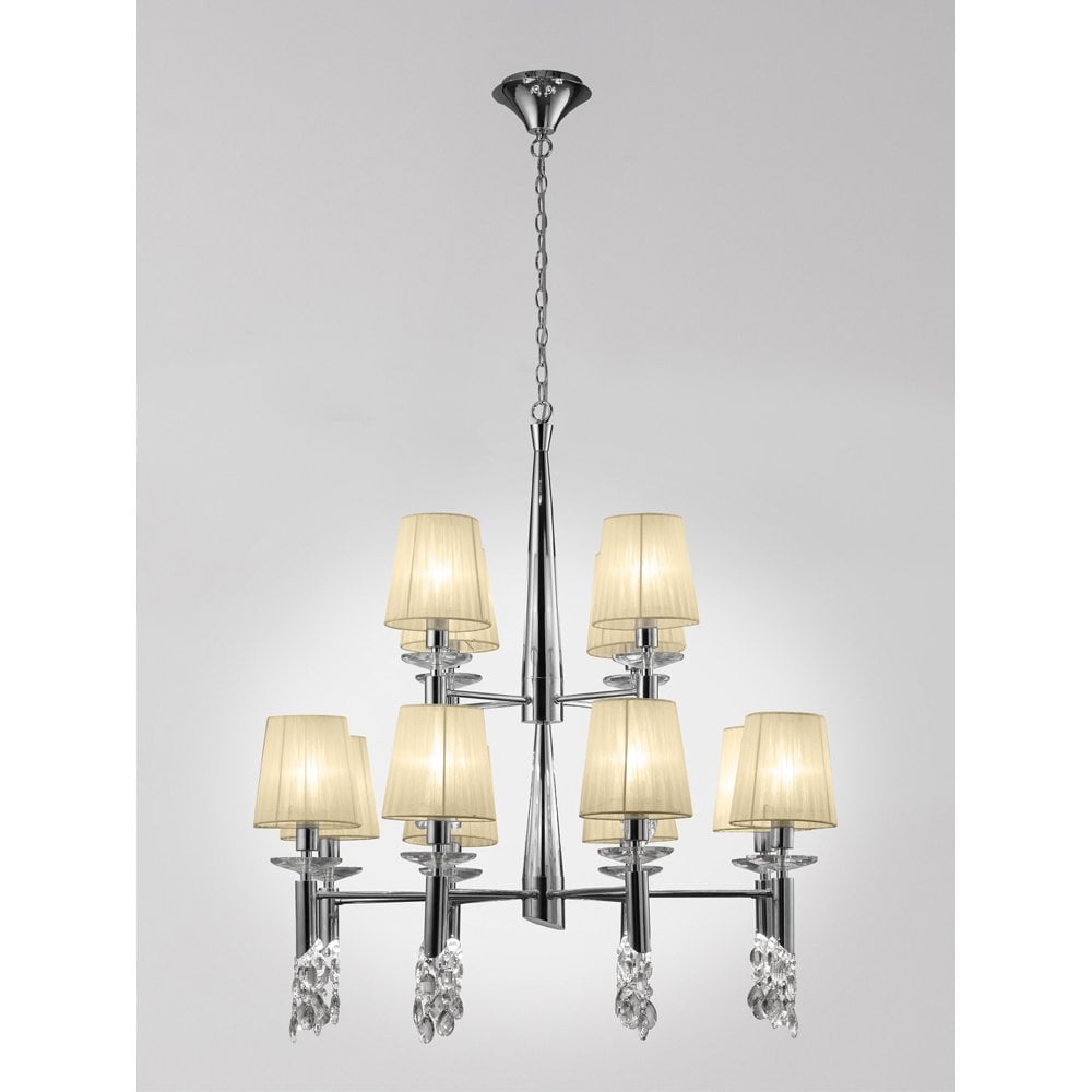 M3850 Tiffany Pendant 2 Tier 12+12 Light E14+G9, Polished Chrome With Cream Shades & Clear Crystal