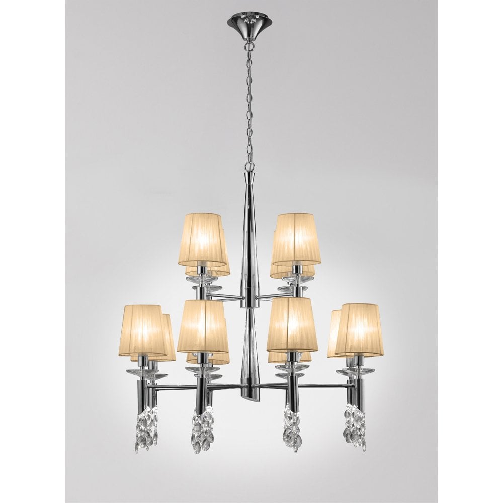 Tiffany Pendant 2 Tier 12+12 Light E14+G9, Polished Chrome With Soft Bronze Shades & Clear Crystal