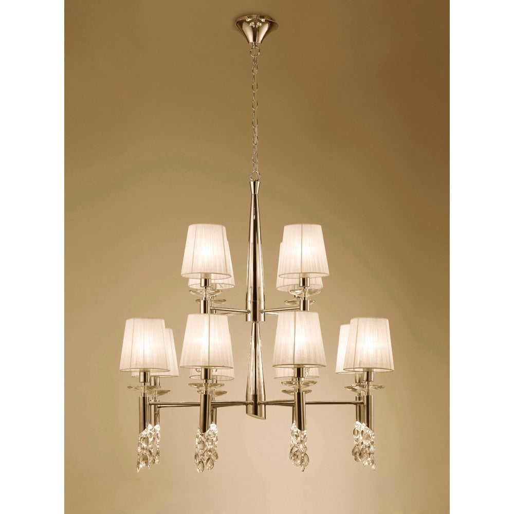 Tiffany Pendant 2 Tier 12+12 Light E14+G9, French Gold With Cream Shades & Clear Crystal