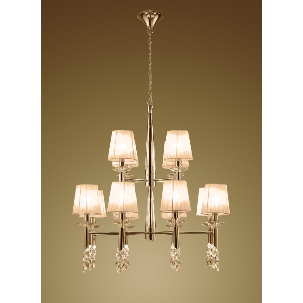 Tiffany Pendant 2 Tier 12+12 Light E14+G9, French Gold With Soft Bronze Shades & Clear Crystal