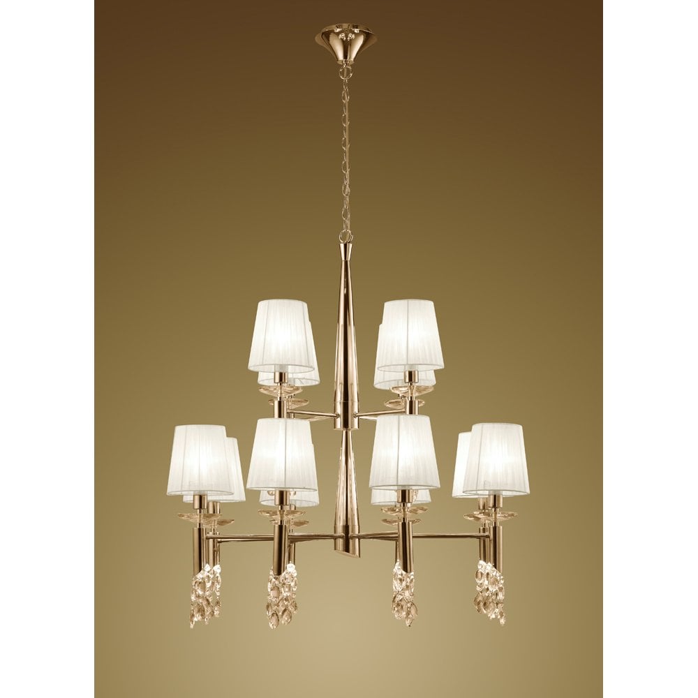 M3850FG Tiffany Pendant 2 Tier 12+12 Light E14+G9, French Gold With White Shades & Clear Crystal