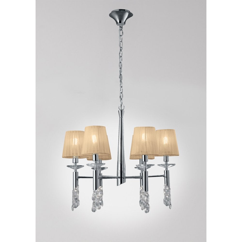 Tiffany Pendant 6+6 Light E14+G9, Polished Chrome With Soft Bronze Shades & Clear Crystal