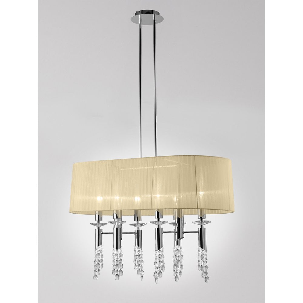 M3853 Tiffany Pendant 6+6 Light E27+G9 Oval, Polished Chrome With Cream Shade & Clear Crystal