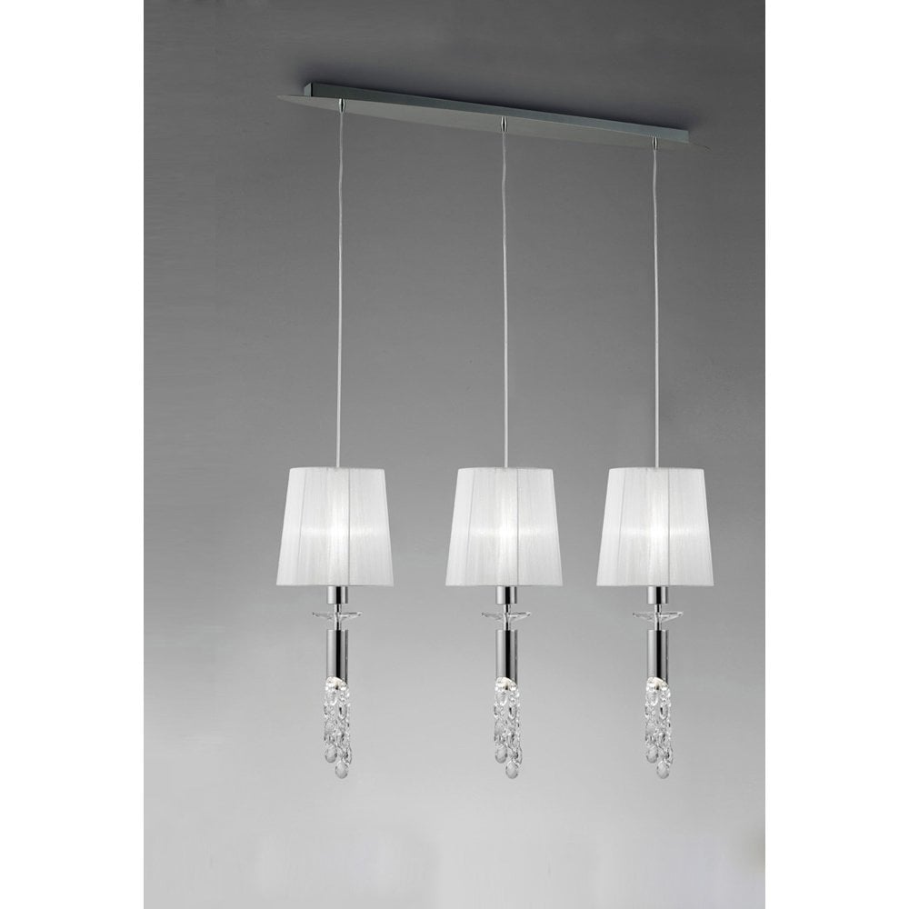 Tiffany Pendant 3+3 Light E27+G9 Line, Polished Chrome With White Shades & Clear Crystal