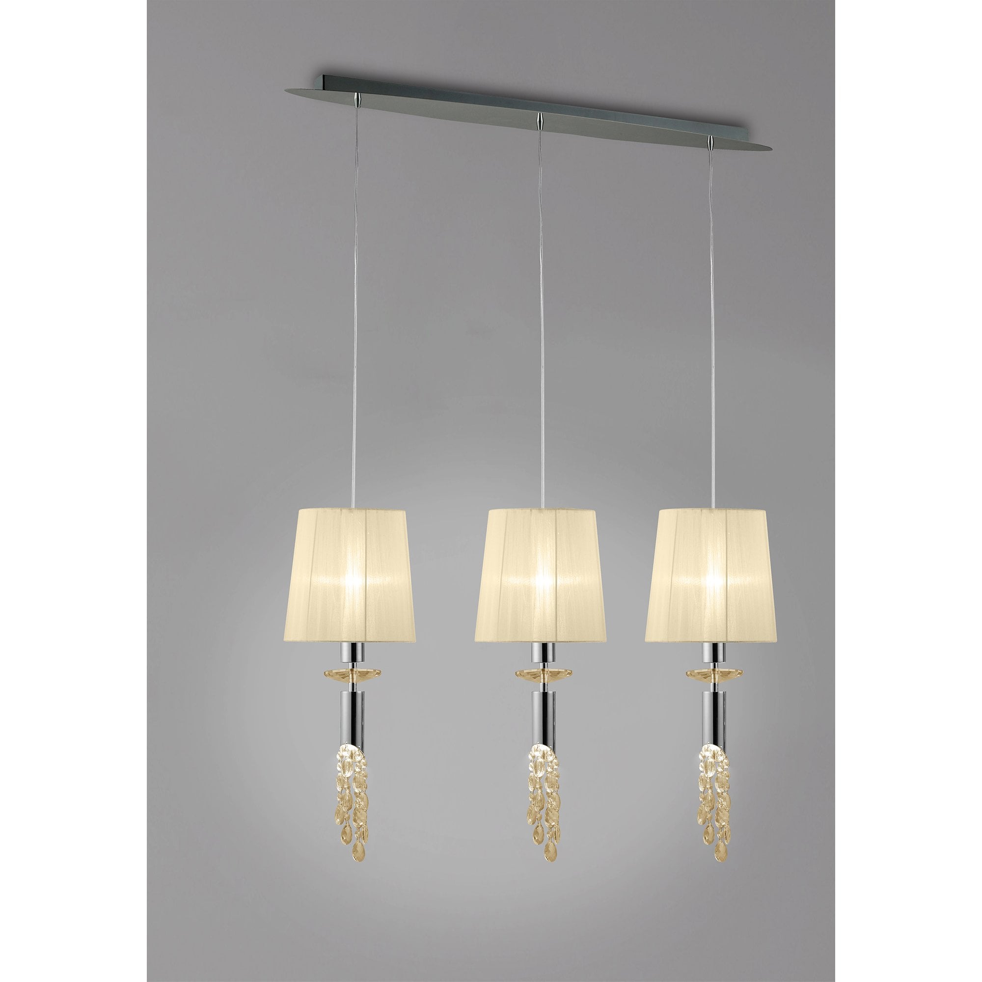 M3855 Tiffany Pendant 3+3 Light E27+G9 Line, Polished Chrome With Cream Shades & Clear Crystal