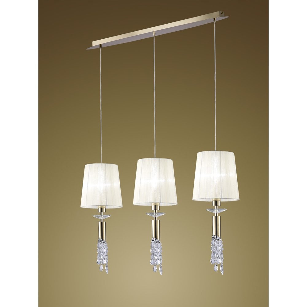 M3855FG Tiffany Pendant 3+3 Light E27+G9 Line, French Gold With White Shades & Clear Crystal