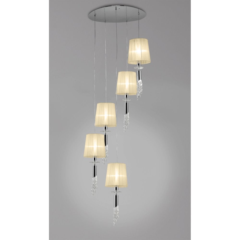 M3857 Tiffany Pendant 5+5 Light E27+G9 Spiral, Polished Chrome With Cream Shades & Clear Crystal