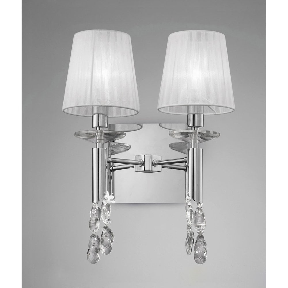 Tiffany Wall Lamp Switched 2+2 Light E14+G9, Polished Chrome With White Shades & Clear Crystal