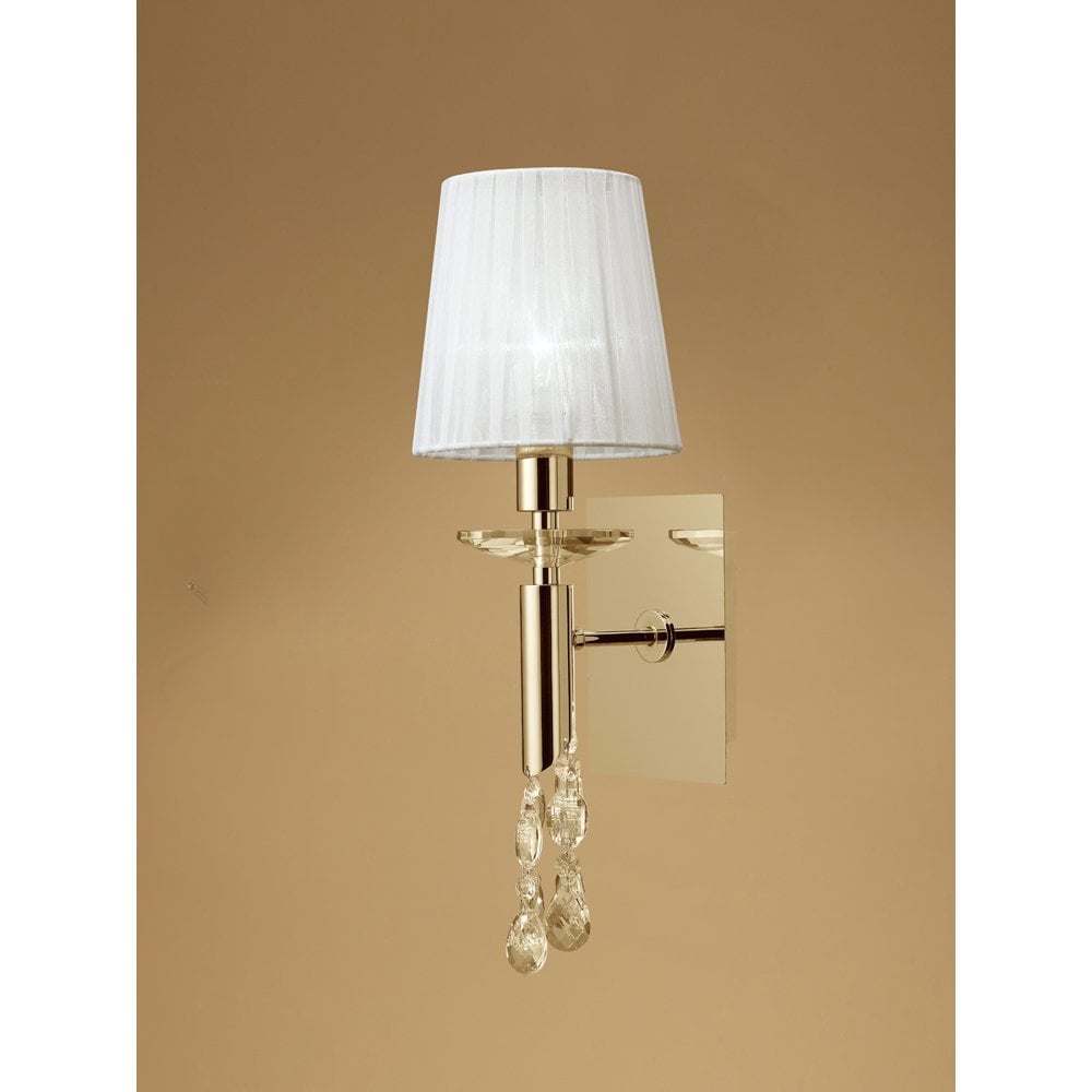 M3864FG/S Tiffany Wall Lamp Switched 1+1 Light E14+G9, French Gold With White Shade & Clear Crystal