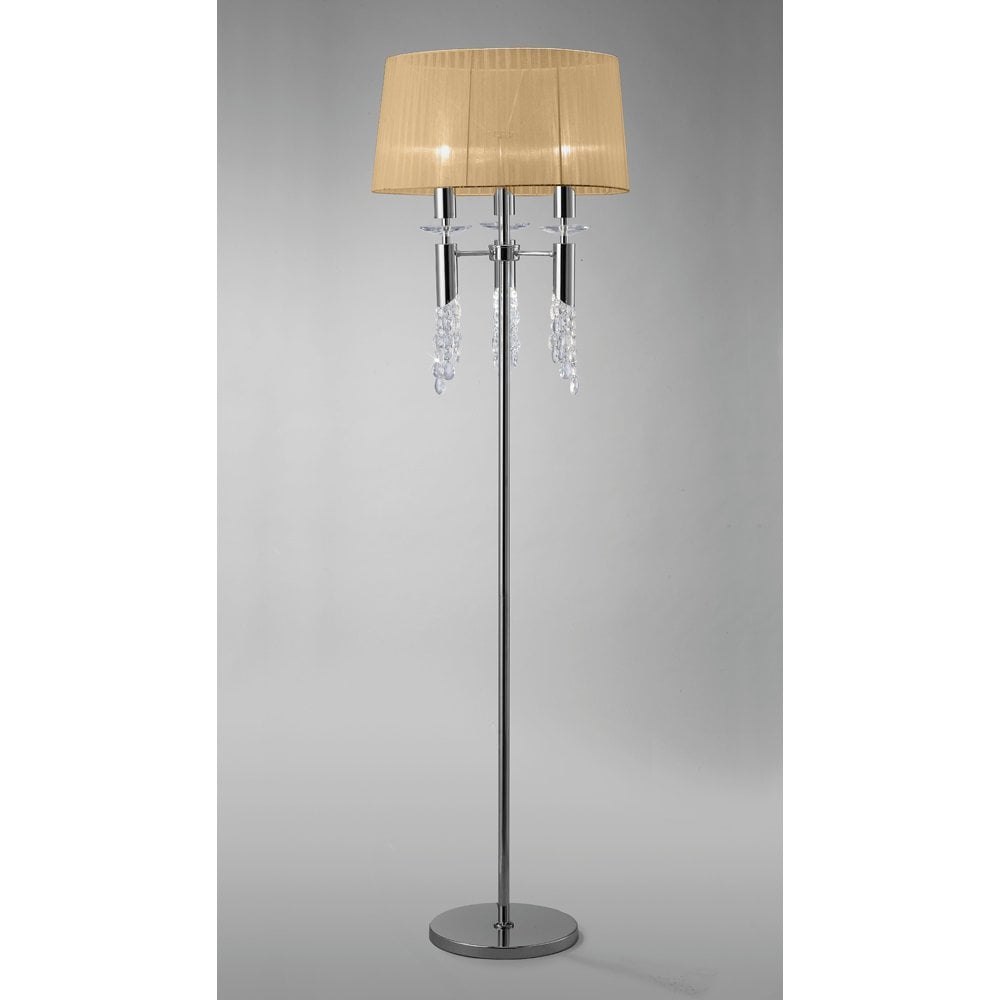 Tiffany Floor Lamp 3+3 Light E27+G9, Polished Chrome With Soft Bronze Shade & Clear Crystal