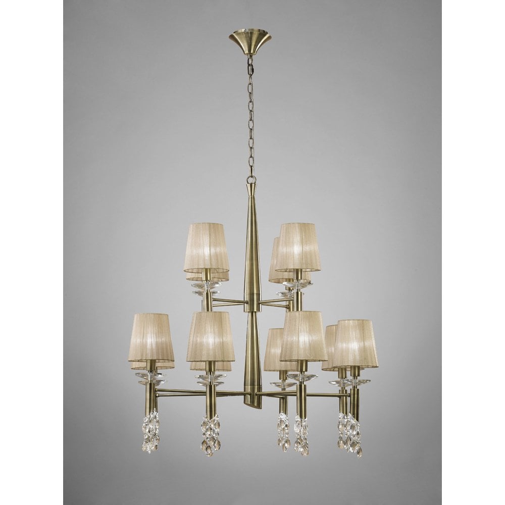 Tiffany Pendant 2 Tier 12+12 Light E14+G9, Antique Brass With Soft Bronze Shades & Clear Crystal