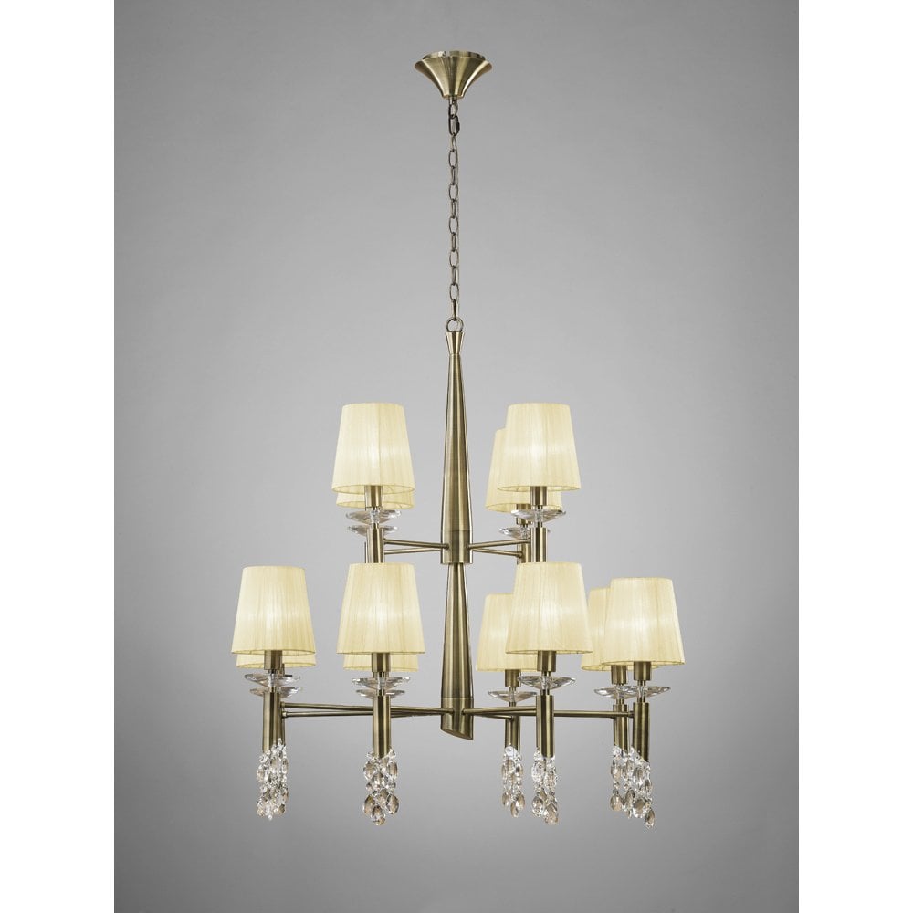 M3870 Tiffany Pendant 2 Tier 12+12 Light E14+G9, Antique Brass With Cream Shades & Clear Crystal