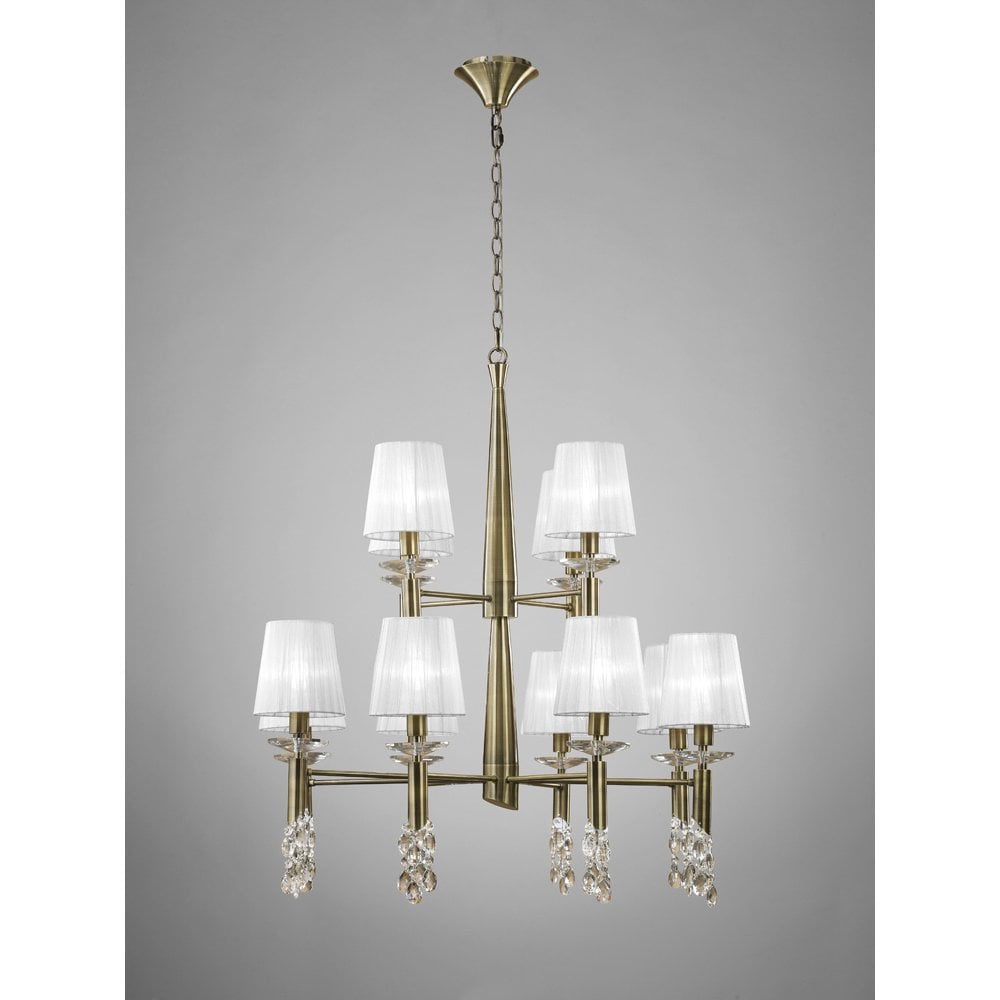 M3870 Tiffany Pendant 2 Tier 12+12 Light E14+G9, Antique Brass With White Shades & Clear Crystal