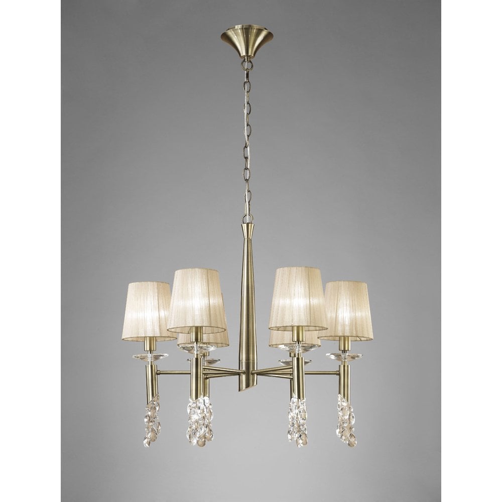 Tiffany Pendant 6+6 Light E14+G9, Antique Brass With Soft Bronze Shades & Clear Crystal