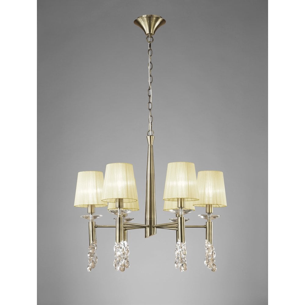 M3871 Tiffany Pendant 6+6 Light E14+G9, Antique Brass With Cream Shades & Clear Crystal