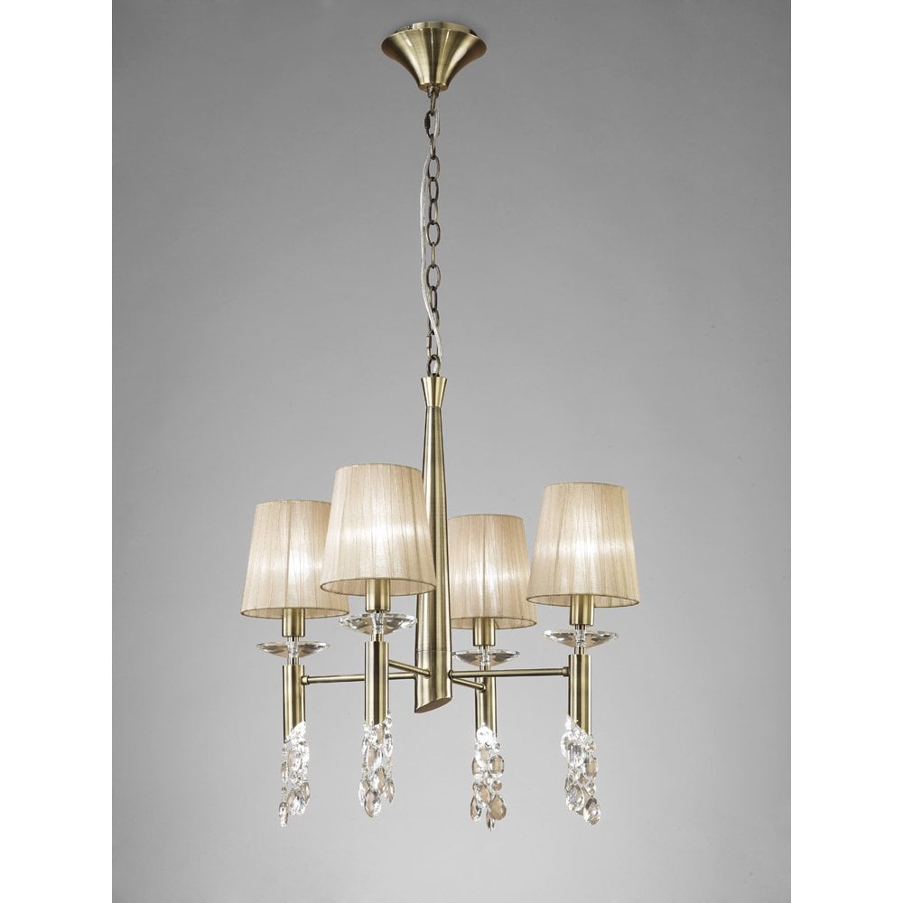 Tiffany Pendant 4+4 Light E14+G9, Antique Brass With Soft Bronze Shades & Clear Crystal