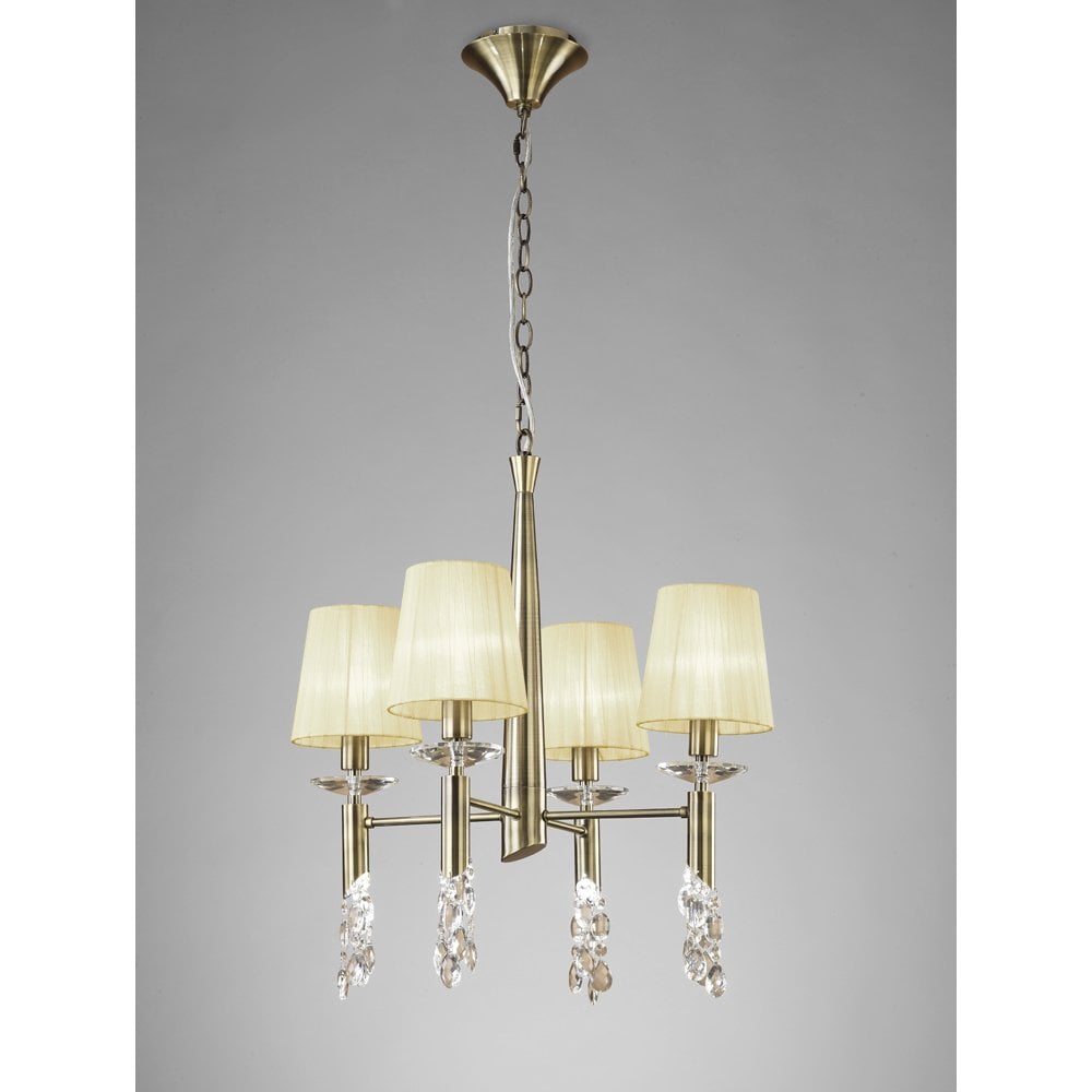 M3872 Tiffany Pendant 4+4 Light E14+G9, Antique Brass With Cream Shades & Clear Crystal