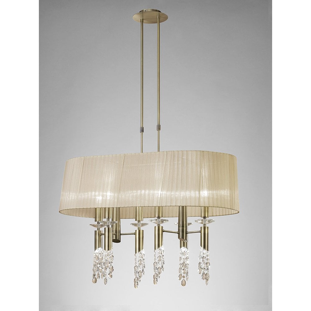 Tiffany Pendant 6+6 Light E27+G9 Oval, Antique Brass With Soft Bronze Shade & Clear Crystal