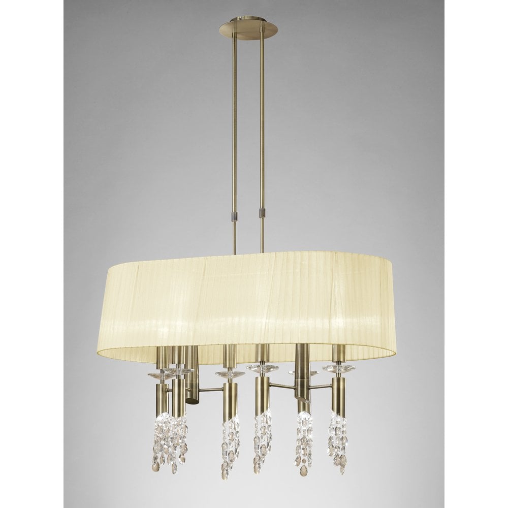 M3873 Tiffany Pendant 6+6 Light E27+G9 Oval, Antique Brass With Cream Shade & Clear Crystal