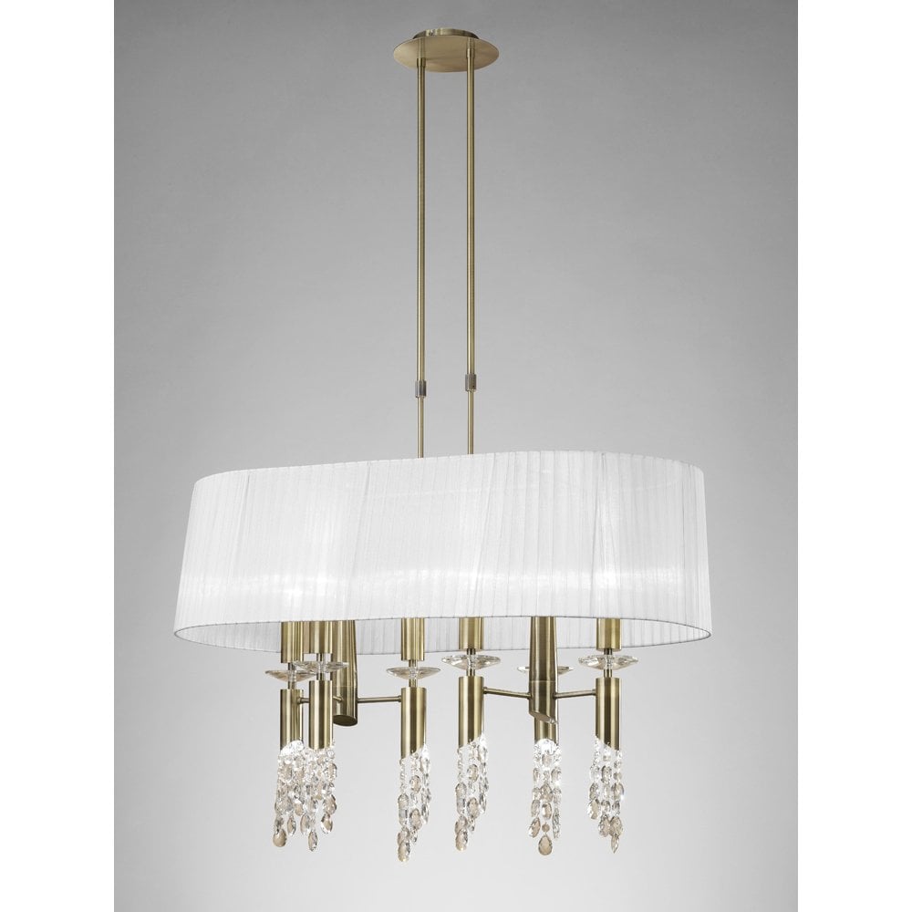 M3873 Tiffany Pendant 6+6 Light E27+G9 Oval, Antique Brass With White Shade & Clear Crystal