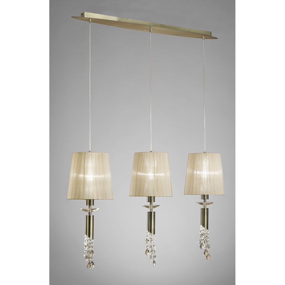 Tiffany Pendant 3+3 Light E27+G9 Line, Antique Brass With Soft Bronze Shades & Clear Crystal