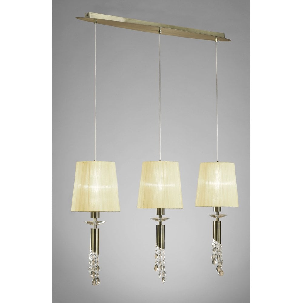 M3875 Tiffany Pendant 3+3 Light E27+G9 Line, Antique Brass With Cream Shades & Clear Crystal