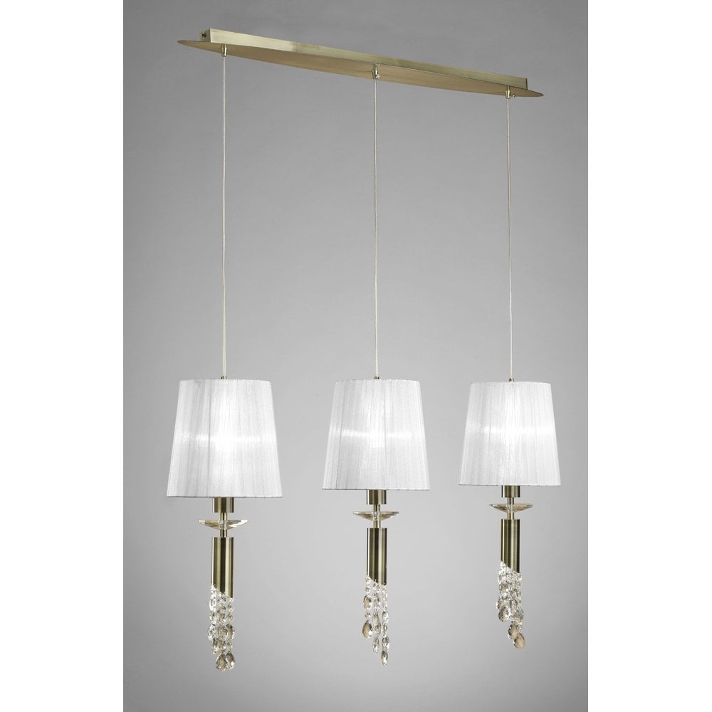 M3875 Tiffany Pendant 3+3 Light E27+G9 Line, Antique Brass With White Shades & Clear Crystal