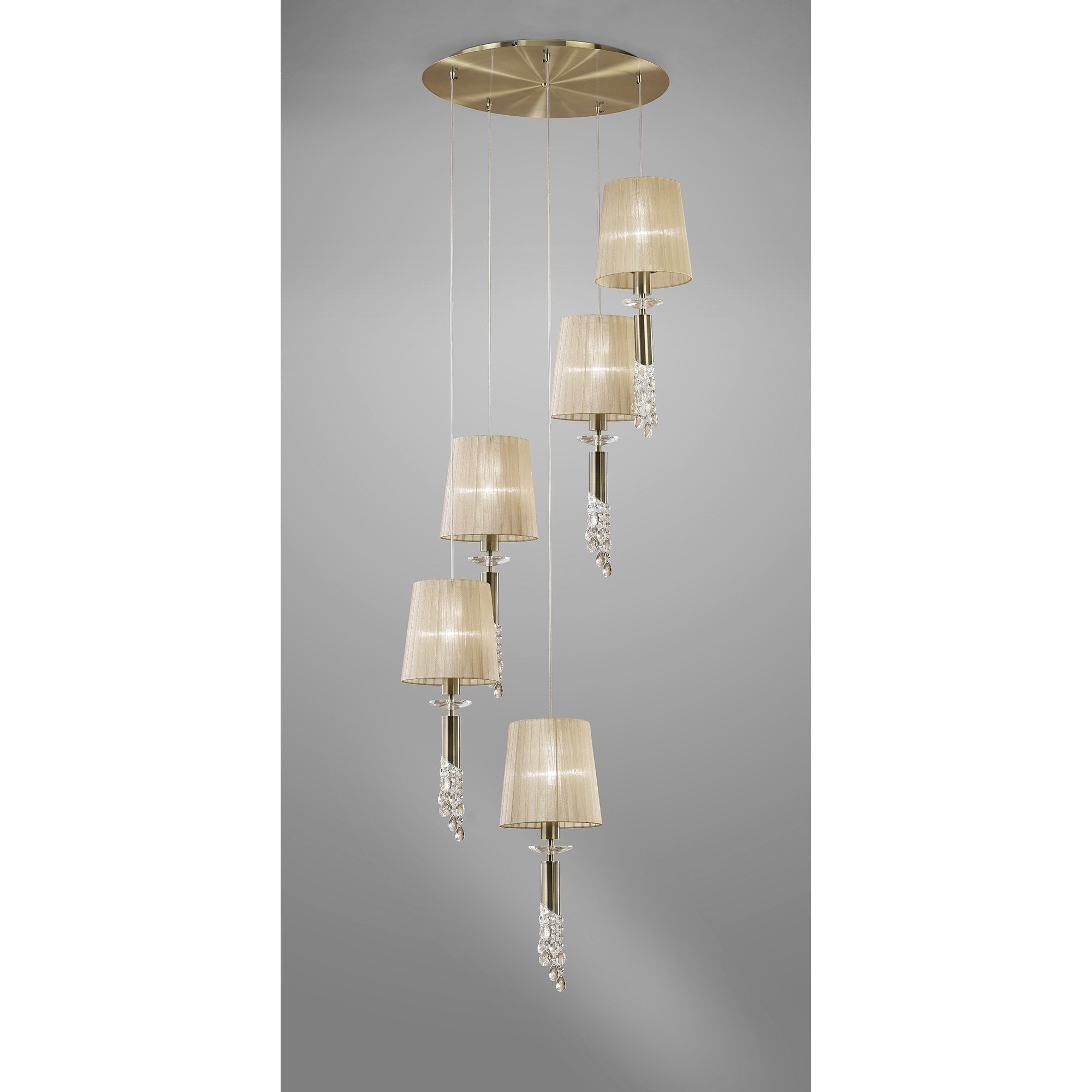 Tiffany Pendant 5+5 Light E27+G9 Spiral, Antique Brass With Soft Bronze Shades & Clear Crystal