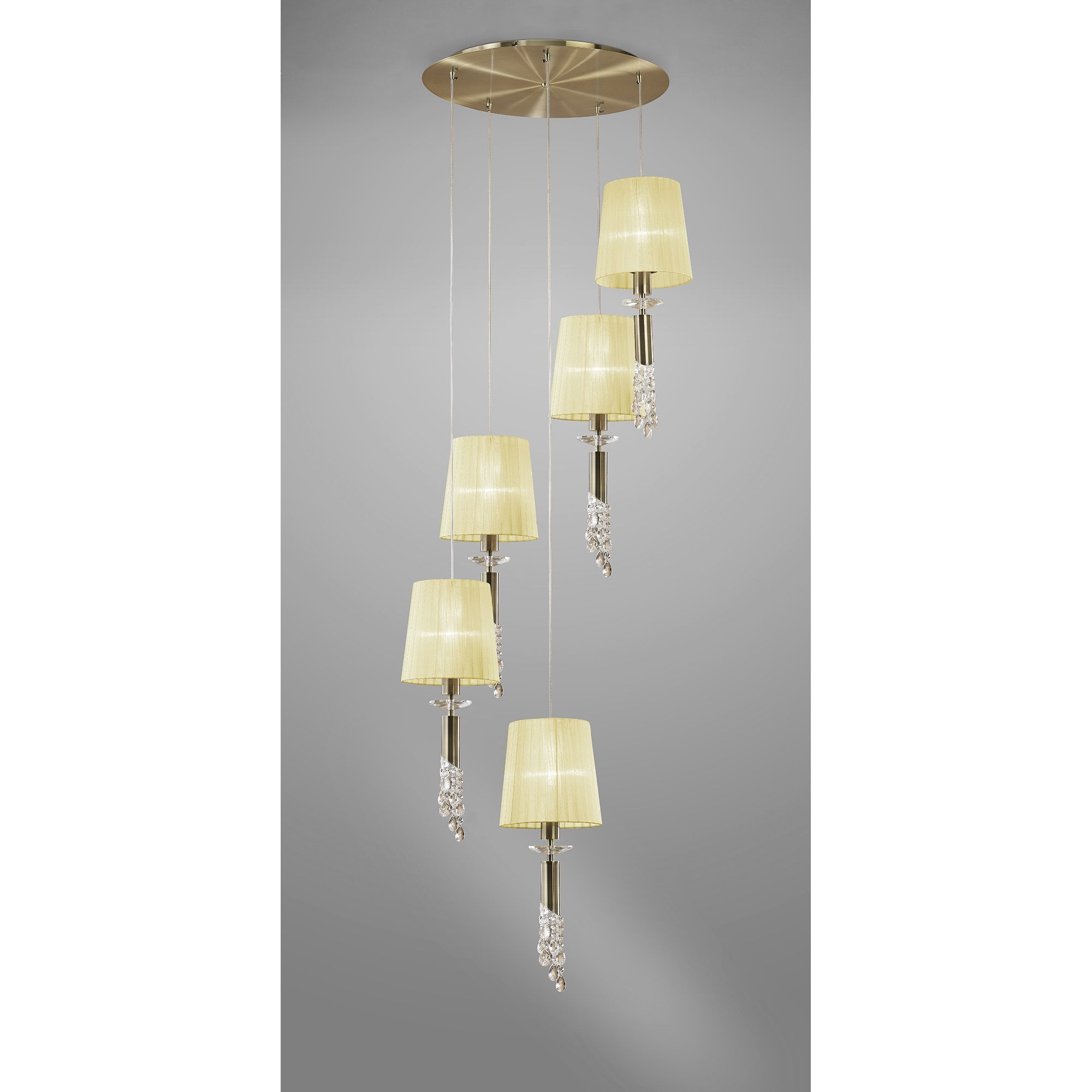 M3877 Tiffany Pendant 5+5 Light E27+G9 Spiral, Antique Brass With Cream Shades & Clear Crystal